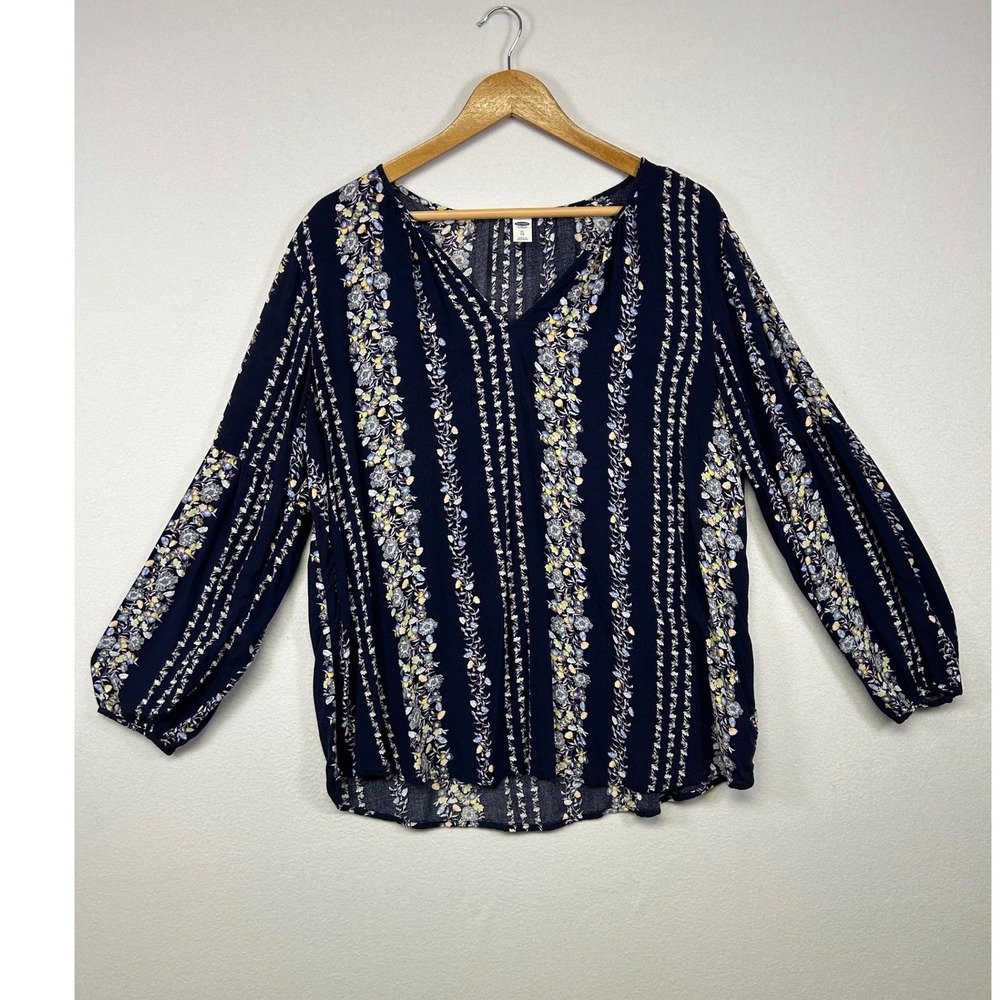 Boho Cottagecore Old Navy Women XL Navy Blue Floral Stripe V-Neck Blouse Top